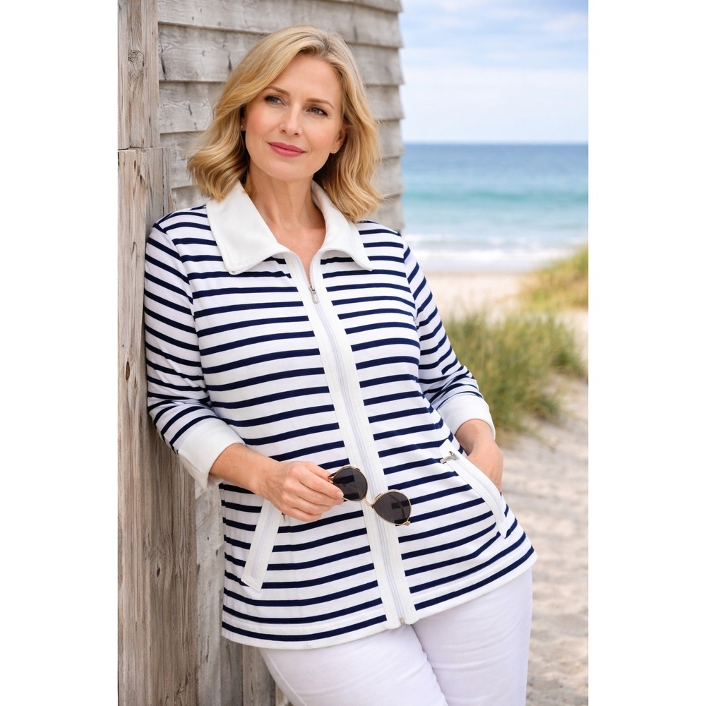 Karen‎ Scott Women's Sz XL Top Jacket 3/4 Sleeve Bu/Wt Stripes FullZip Nautical